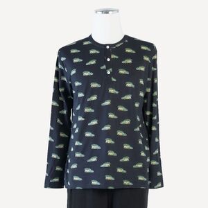 NWT Sz M Kate Quinn Mens Long Sleeve Henley Tee Holiday Car Tree Wagon Bamboo